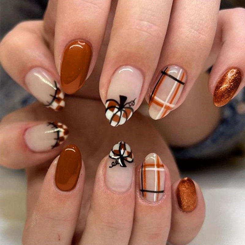 Cross-Border Thanksgiving Plaid Pumpkin European and American Wearable Nails Ins Style Autumn Coffee Color Manicure Nails Wholesale
