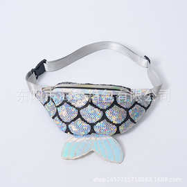 ins亮片鱼尾巴鱼尾纹腰包女新款手机斜挎包 春夏时尚镭射腰包胸包