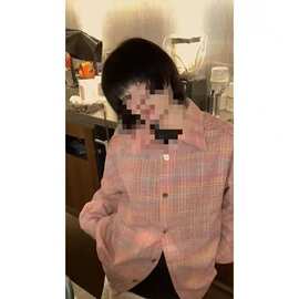 美式复古粉色格纹少女感衬衫外套女春秋休闲韩系chic港味上衣外套