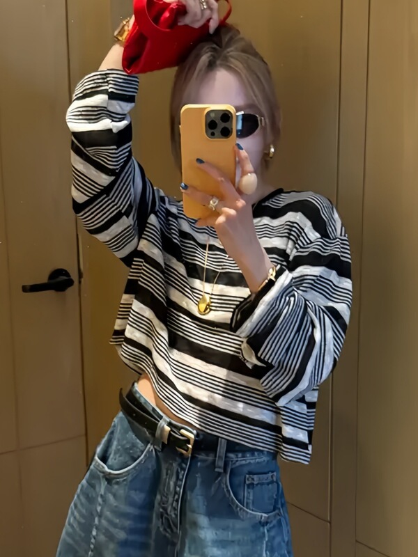 撞色条纹斜肩吊带长袖T恤女2025早秋新款洋气修身显瘦时尚上衣潮|undefined