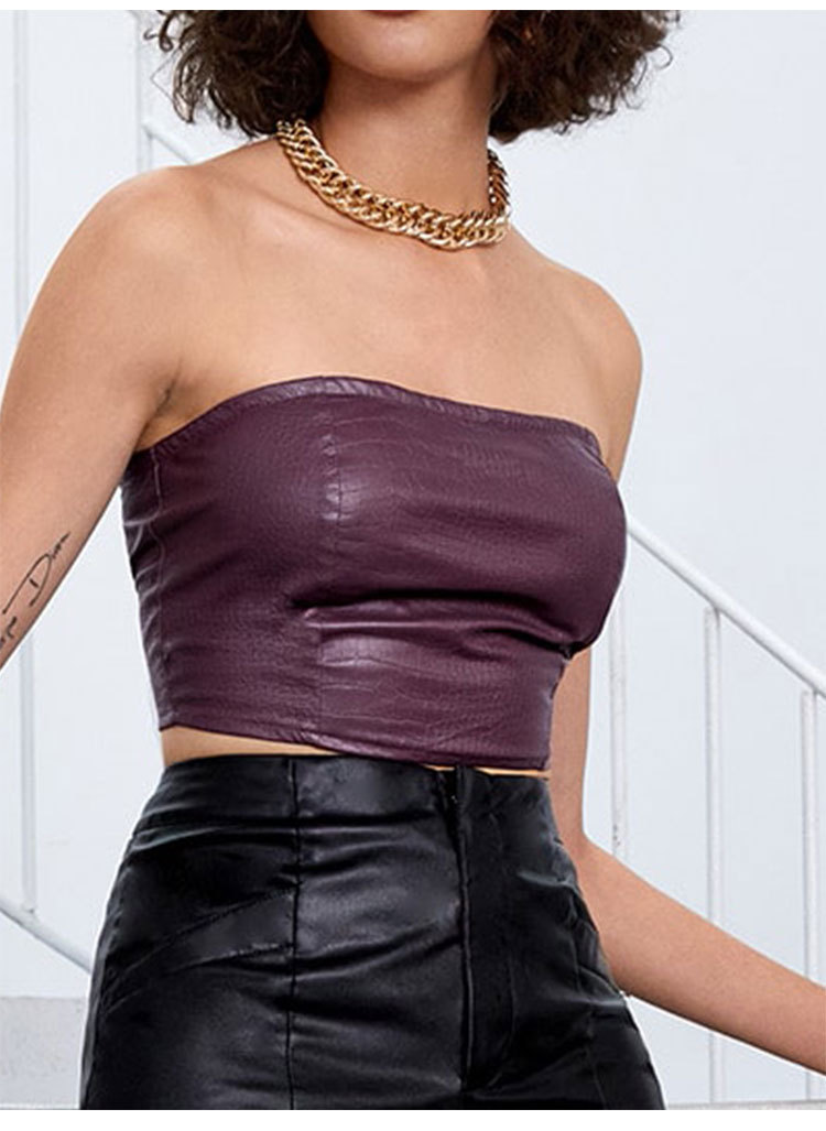 purple word neck PU leather tube top vest   NSGHF122922