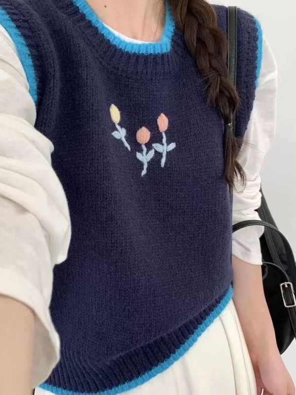 粗棒针撞色马甲女背心秋冬2025新款重工手工刺绣针织毛衣坎肩外穿|undefined