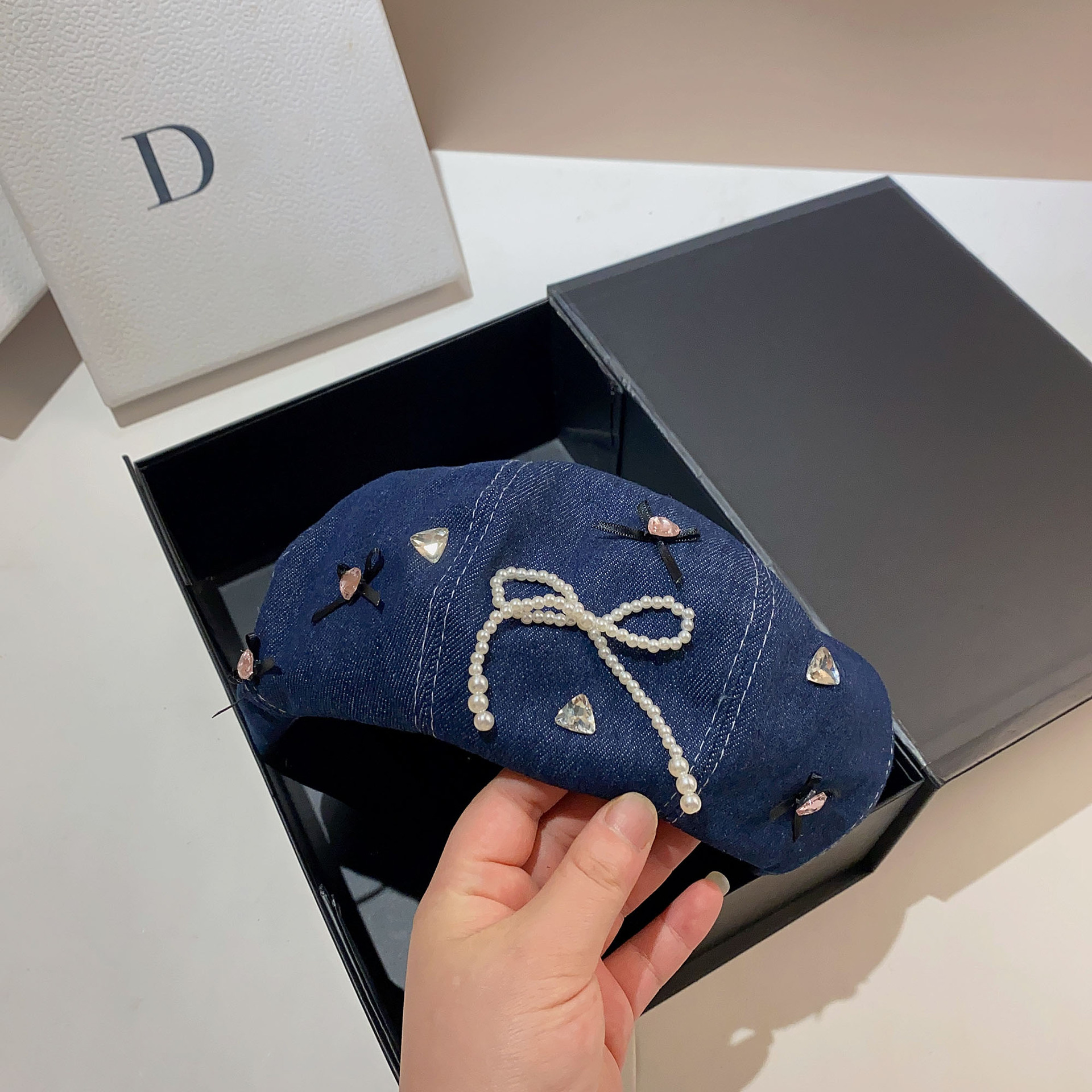 Veelzijdige, schattige baret, dunne, kleine, elfenstrik, achthoekige denim hoed in de lente en zomer_voghion.com