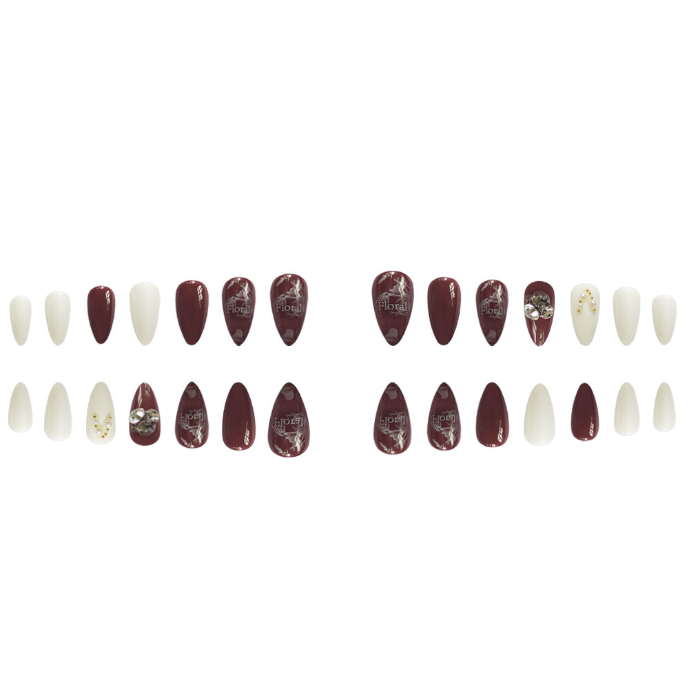 Transfronterizo vino rojo blanco puro diamante retrógrado manicura de almendras artística exquisita romántica 24 piezas de productos terminados para usar uñas