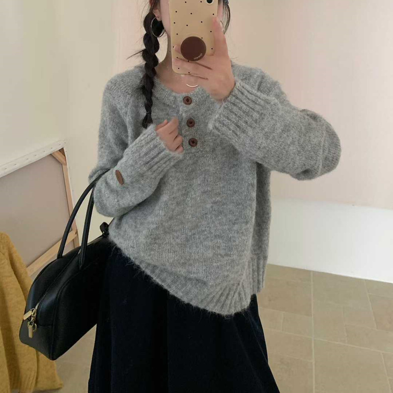 温柔风圆领套头毛衣女2025秋冬新款慵懒风宽松软糯针织衫休闲上衣|undefined