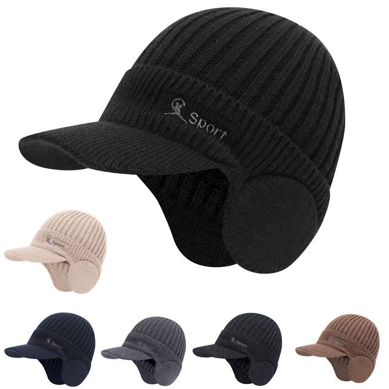 Men's Winter Thickened Warm Fleece-Lined Ear-Protecting Cold-Proof Knitted Hat with a Brim for Outdoor Use, New Model