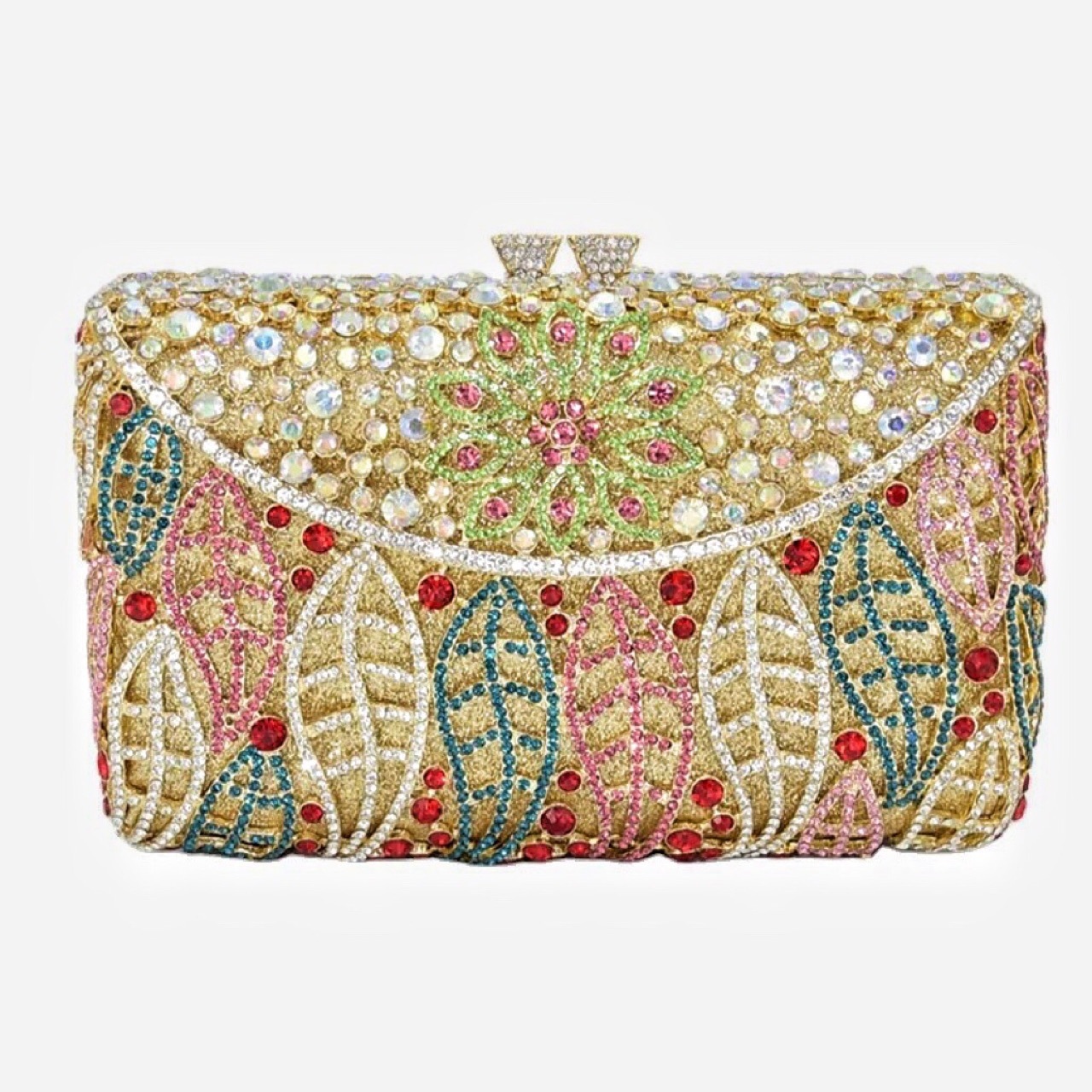 Nuevo paquete de cena de diamante de hoja transfronteriza bolsas de maquillaje tridimensionales bolsas horizontales cuadradas agujeradas bolsas de mano de banquete