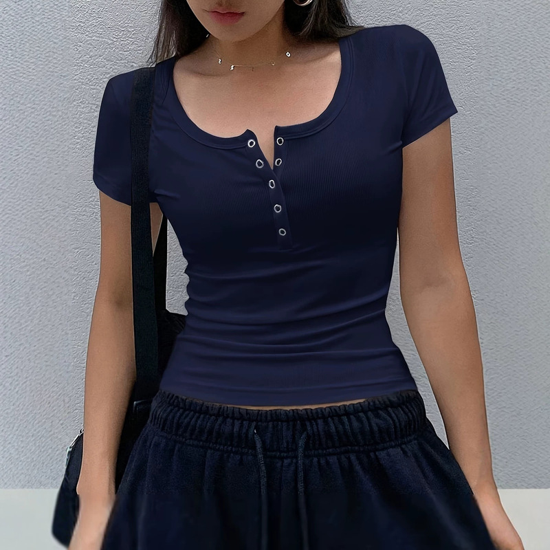 Cross-Border E-Commerce Hot-Selling Summer Women's Clothing: Solid Color Ribbed Knit Short-Sleeve T-Shirt with Henley Collar, Y2K Style