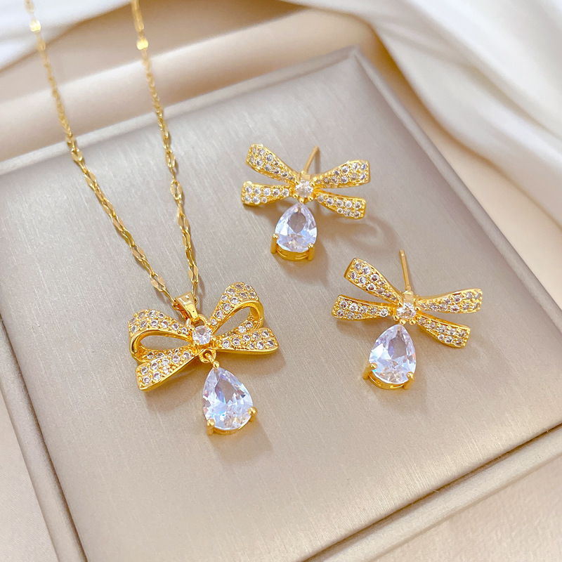 Gold Plated, Real Gold Plated Plating Water Droplets, Bow Knot Pattern Women'S Gender PVD Coated Real Gold Plated Water Droplets Bow Knot Titanium Steel Copper Elegant Glam Waterproof Non Tarnish Earrings Necklace