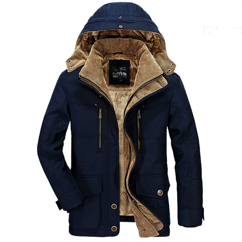 Men’s mid‑length padded winter jacket, cotton‑padded with fleece lining, hooded, plus sizes