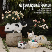 猫咪摆件美陈造景动物奶牛猫模型树脂工艺品花园庭院花盆多肉种植