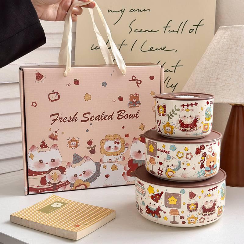 Cat Carnival Three-Piece Set of Fresh-Keeping Bowls with Lids, Ceramic Rice Bowls, Household Lunch Boxes, Microwaveable