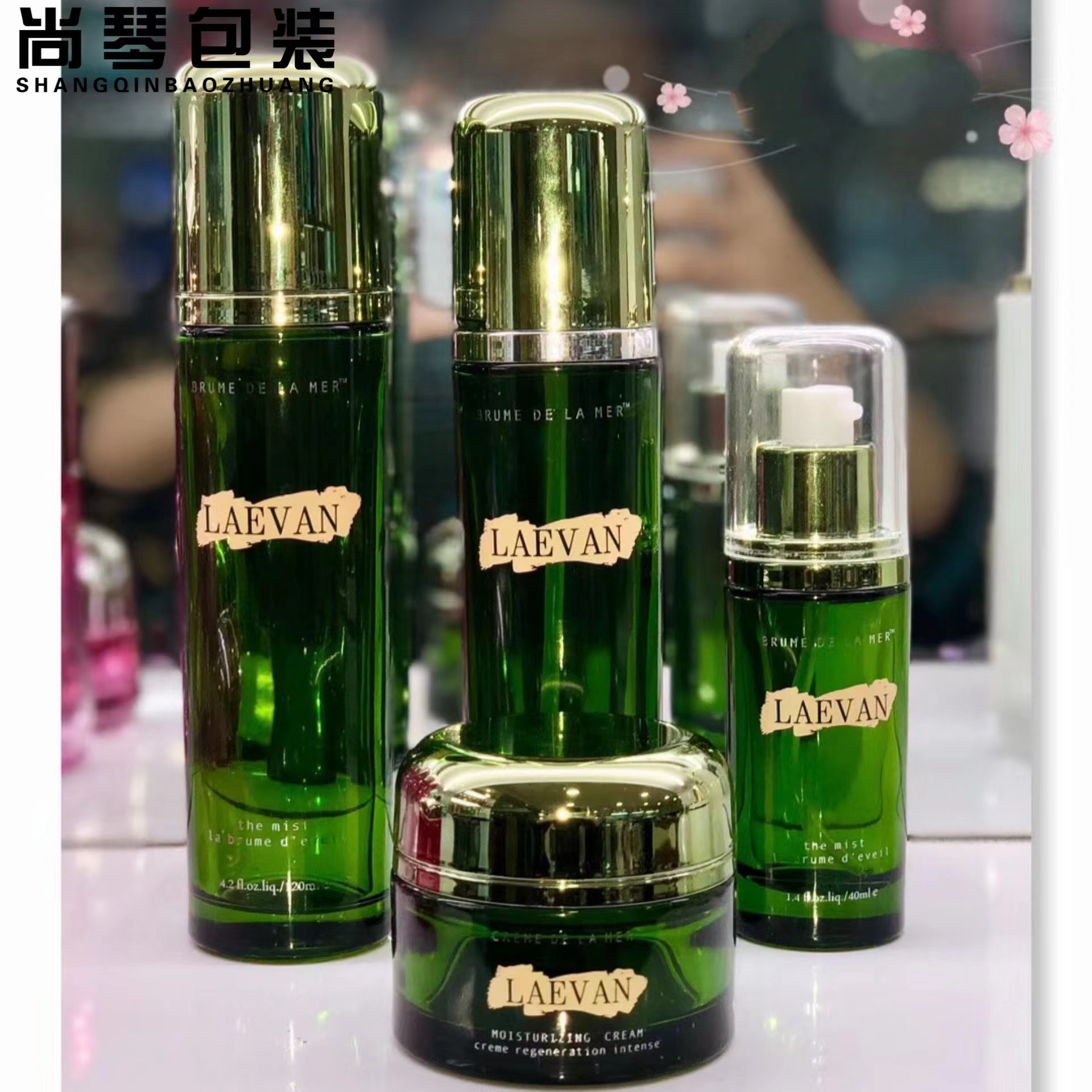 En stock loción de agua de fondo grueso 120m loción de cuidado de la piel conjunto botella cosmética botella de embalaje de vidrio 30g botella de crema verde