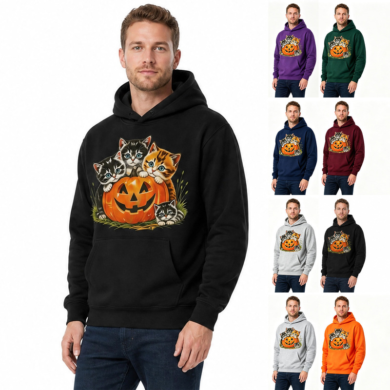 Cross-border e-commerce: Cat, pumpkin, and Christmas-themed printed casual sportswear, fleece-lined, unisex hooded sweatshirt