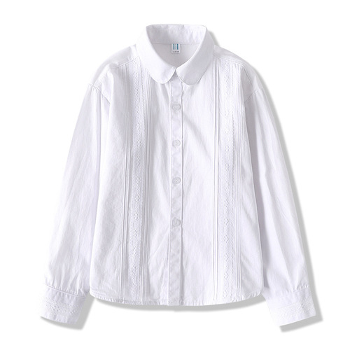 Pure Cotton White Blouse for Girls Spring and Autumn Season Student Performance School Uniform Children's White Long Sleeve Thin Blouse Class Uniform