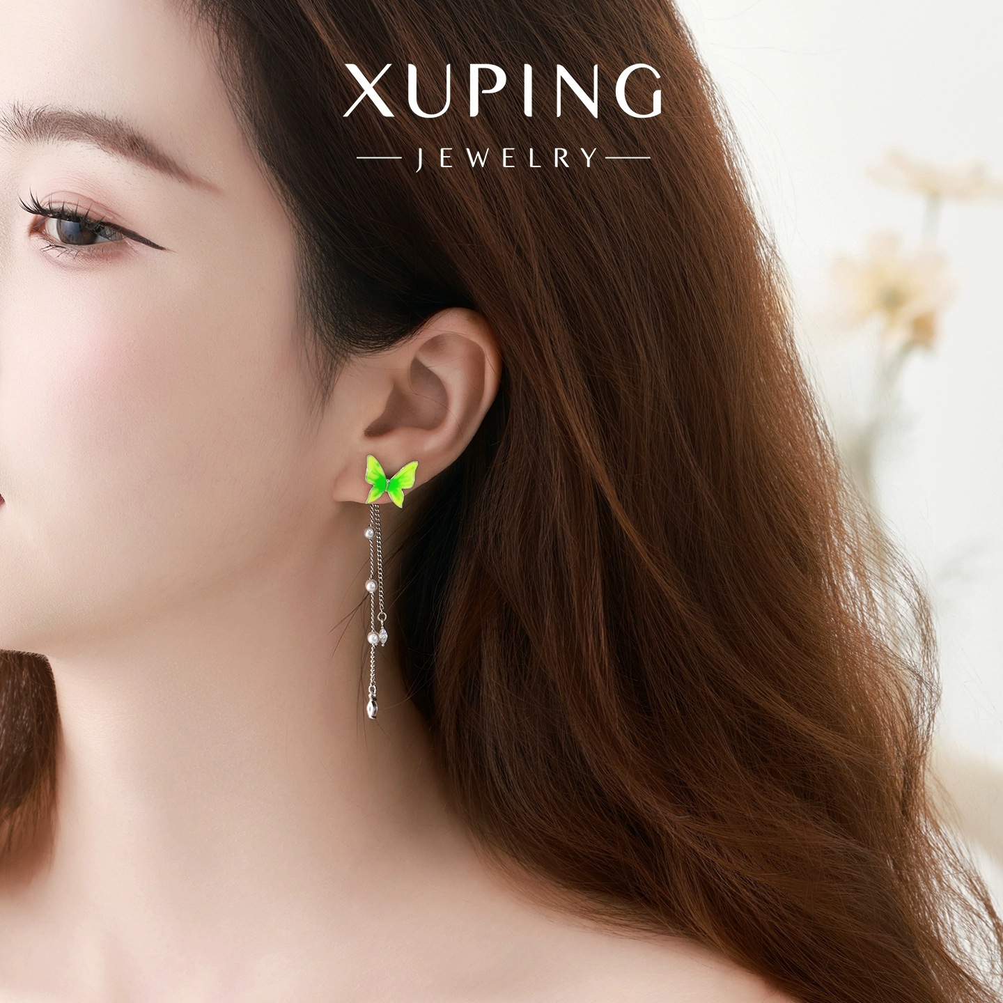 Xuping primavera Fairy Gote series de aceite verde imitación de perlas mariposa pendientes de dos orejetas de temperamento para mujeres