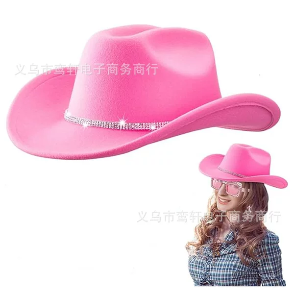Cross-Border New Pink Woolen Cowboy Hat Halloween Black Diamond Strip Decorative Hat Carnival Party Flash Diamond Party Hat