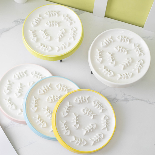 Pet ceramic slow food bowls and plates, tall dog food bowls, anti-choking and slow food supplies for cats, puppies, small and medium-sized dogs