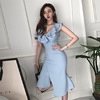 Low cut V-neck high waist slim mid length irregular skirt