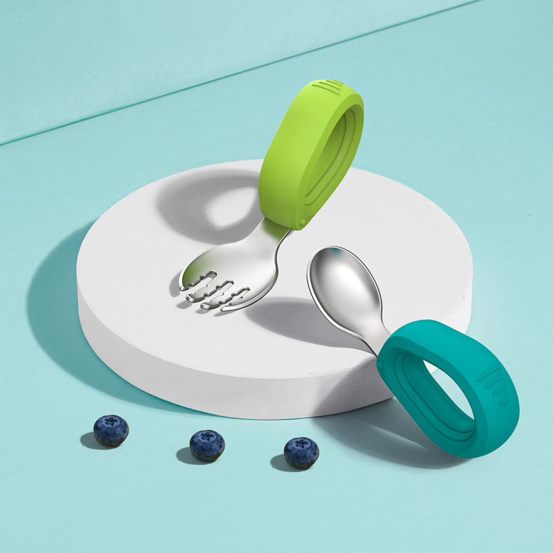 304 de acero inoxidable 316 bebé cuchara Tenedor de silicona mango corto cuchara Tenedor traje jardín de infantes auto-comer