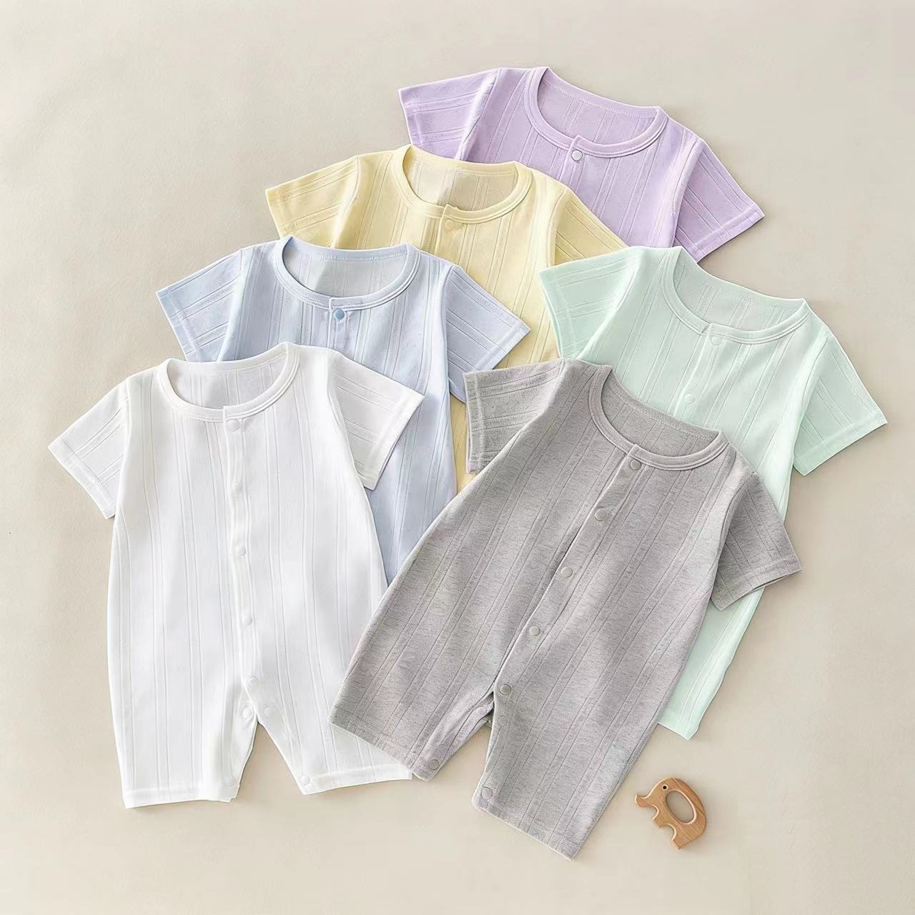 Baby Short-Sleeved Jumpsuit Summer Pure Color Male and Female Baby Breathable Mesh Air-Conditioned Clothing Newborn Thin Pajamas Crawling Clothing