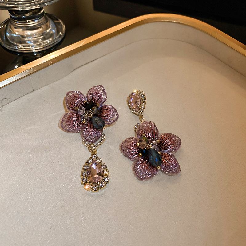 Banquet Occasion 1 Pair Glam Flower Cloth Copper Inlay Artificial Crystal Rhinestones Drop Earrings