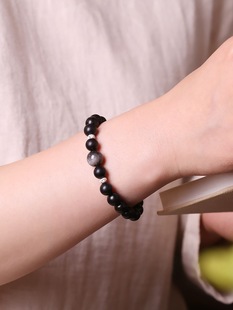 Natural Ebony Bracelets, Buddhist Beads, Mixed and Matched with Silver Obsidian Beads, Retro Trendy Personalized Bracelets