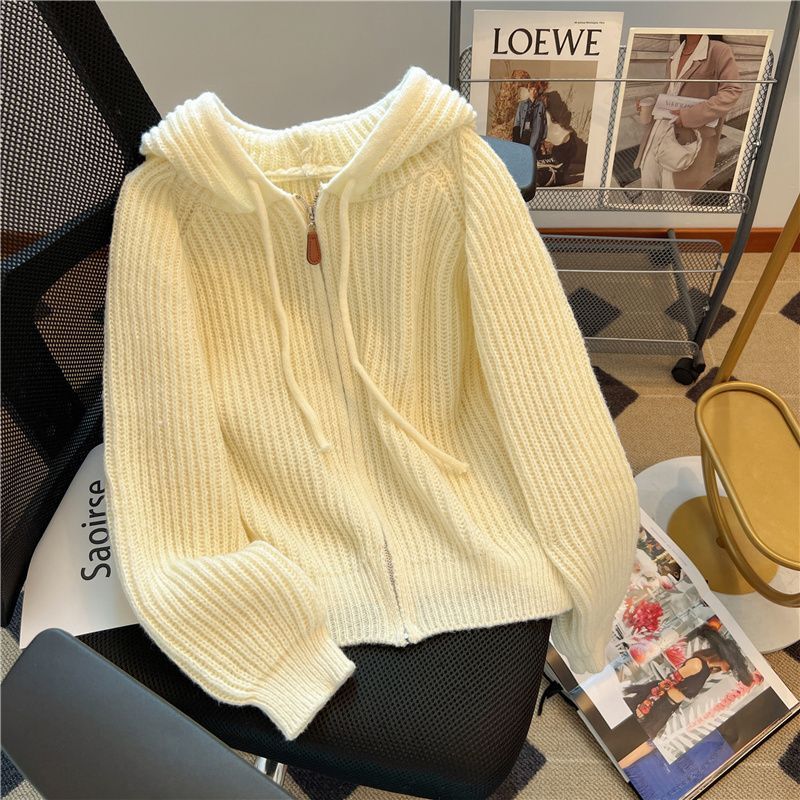 Hooded Zipper Knit Cardigan for Women, Autumn and Winter Thick Ribbed Short Sweater Coat, Loose Fit, Slimming, Versatile Top Hooded Zipper Knit Cardigan for Women, Autumn and Winter Thick Ribbed Short Sweater Coat, Loose Fit, Slimming, Versatile Top
