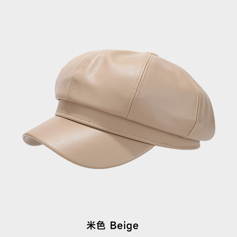 跨境皮质贝雷帽pu皮复古时尚画家帽韩系大头围显脸小八角帽|undefined