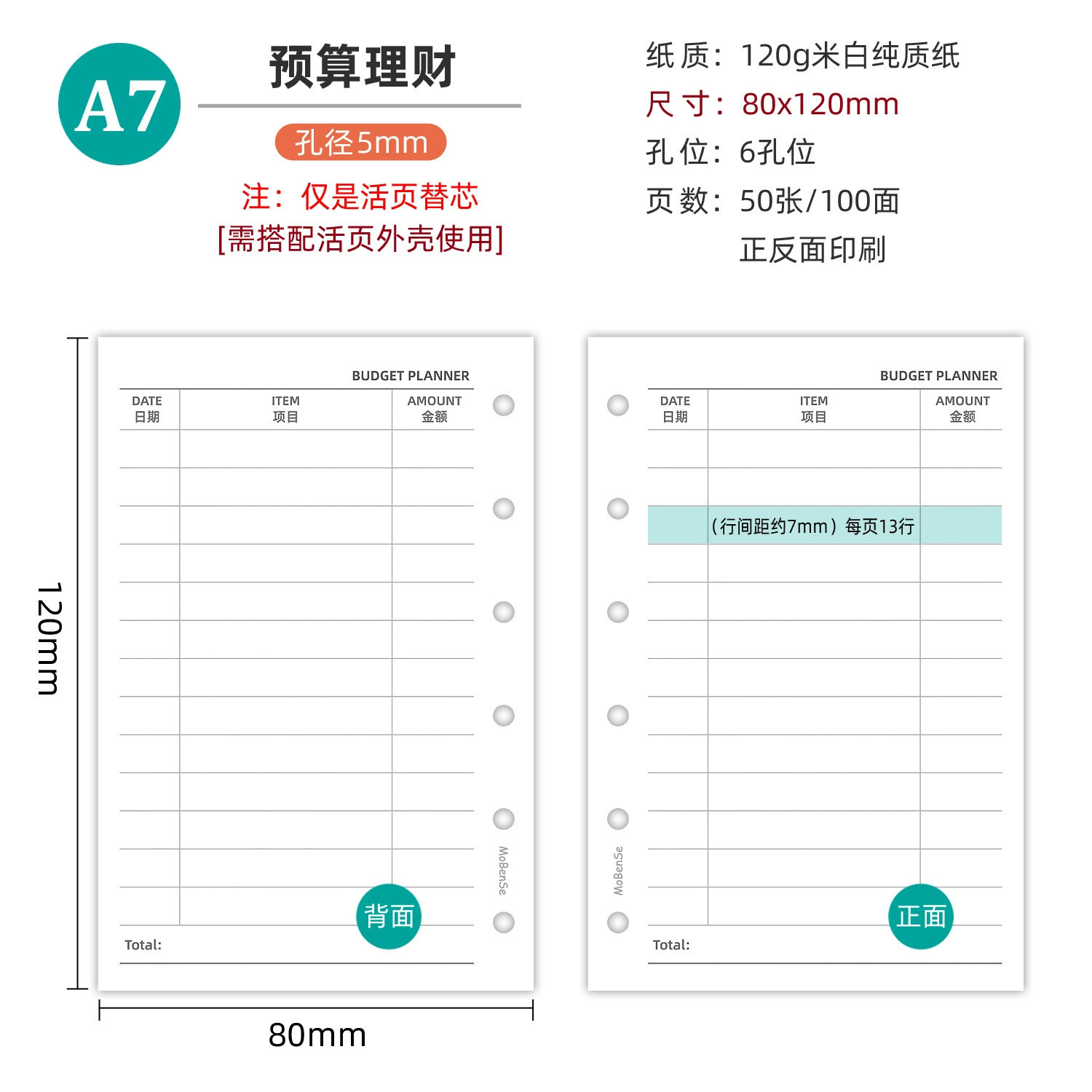 A7 loose-leaf inner pages, thickened refill sheets — monthly/weekly/daily & blank/grid options