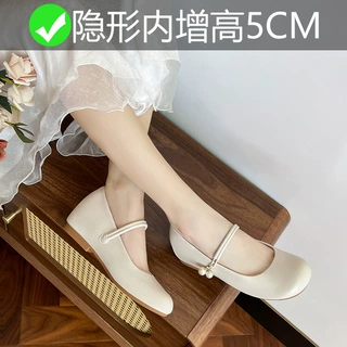矮个子真皮4CM内增高珍珠玛丽珍软平底平跟新中式单鞋小码女鞋子