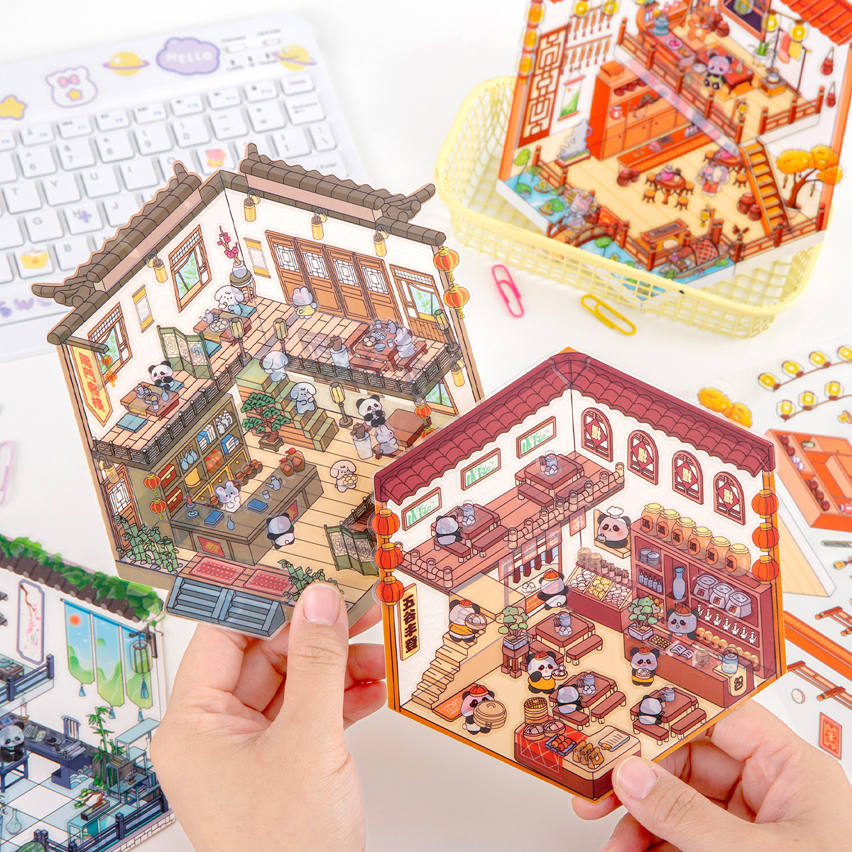 Mercado de fragancia 3D dos capas de pegatinas de escena tridimensional DIY paisajismo creativo impermeable pet dibujos animados decoración pegatinas de puzzle