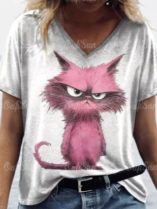 Amazon 2025 Bestselling Women's European and American Clothing V-Neck T-Shirt with Small Animal Print, Casual and Fashionable V-Neck Short-Sleeve
