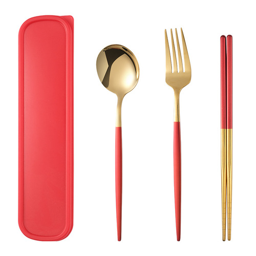 Stainless steel portable tableware chopsticks spoon set fork environmentally friendly outdoor student storage camping tableware three-piece set