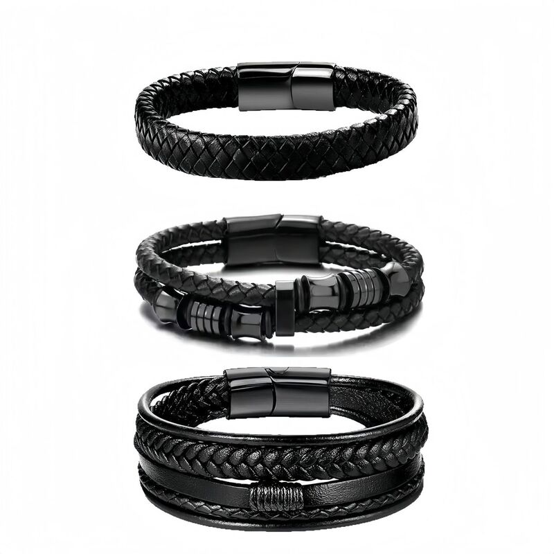 European and American Style 3-Piece Set of Black Leather Bracelets for Men, Beaded Woven Pu Bracelets, Fashionable and Versatile Stackable Wristbands
