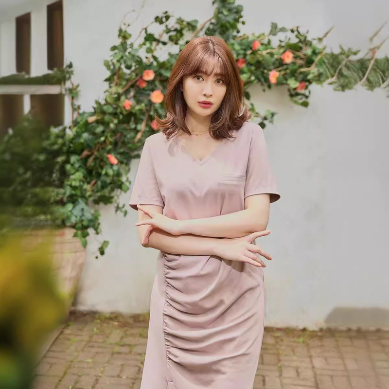 Cross-border WZFS22032 Summer Japanese-style Empress Xiaojima Shigeru Vegetable V-neck Slim-fit Pleated T-shirt Dress