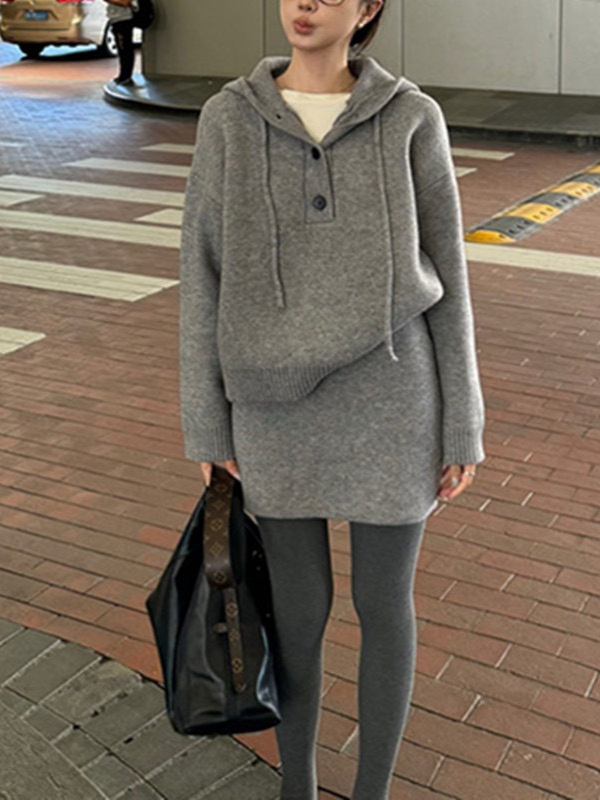 慵懒软糯简约连帽毛衣高腰显瘦半身裙两件套女2025秋冬穿搭一整套|undefined