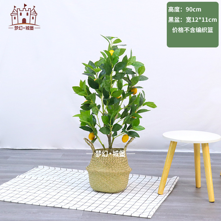 Simulación de ramas de limón verde, árboles de limón amarillo que caen en el suelo, ramas largas y hojas verdes plantando árboles falsos, decoración de sala de estar modelo