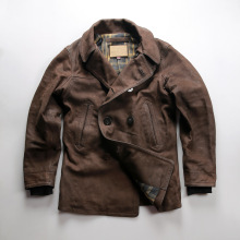 美式复古740麂皮中长款大衣 翻领双排扣做旧植鞣磨砂山羊皮皮衣男