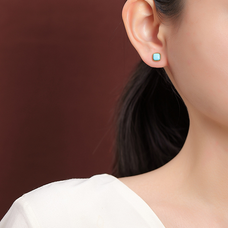 Bông tai bạc S925 mạ vàng đính ngọc lam hình học retro — Mẫu bạc