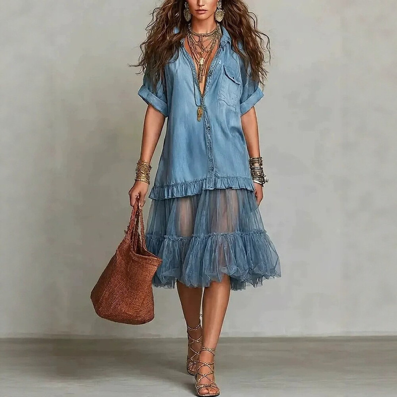 Dm122 in Stock European and American Women's Clothing Bohemian Faux Denim Patchwork Chiffon Mesh Dress for Petite Sizes Dm122 in Stock European and American Women's Clothing Bohemian Faux Denim Patchwork Chiffon Mesh Dress for Petite Sizes