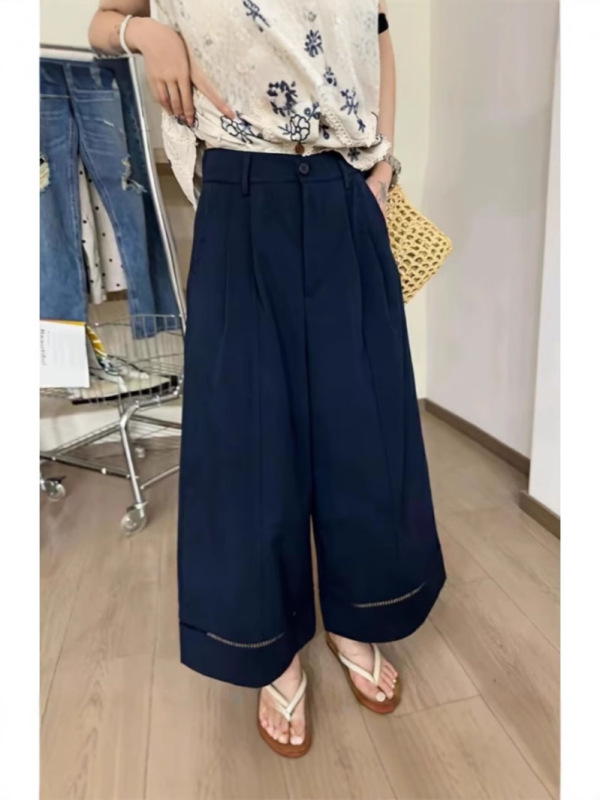 女性用ウォッシュド高品質スプライシングハイウエストワイドレッグパンツ2025夏人気の年齢軽減デザインスリムストレート9点パンツ|undefined