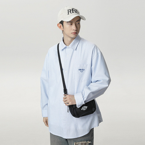 Retro Casual Color-blocked Vertical Striped Long-sleeve Shirt for Men Spring Summer Pocket Embroidered Couple Loose Collar Shirt Outerwear