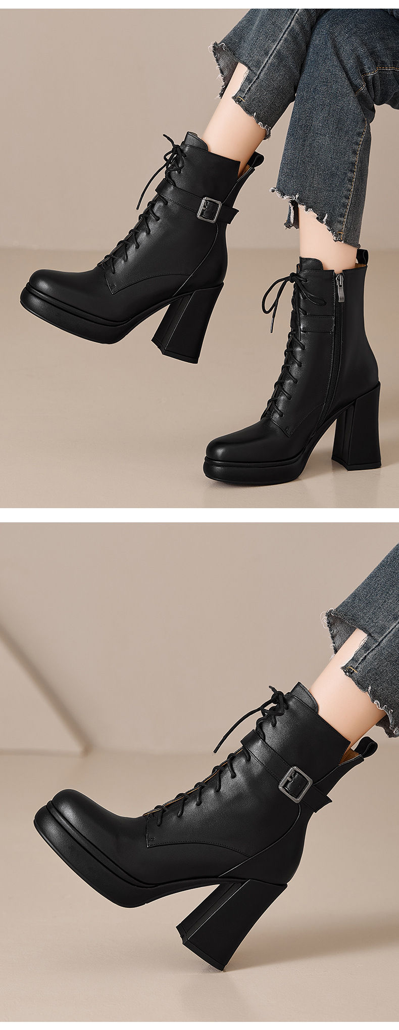 Giày boot nữ da thật cổ ngắn dây buộc gót vuông 10 cm đế dày mùa thu đông — màu đen, Màu trắng nhạt chi tiết 7
