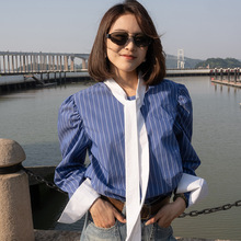 衬衫女秋长袖2025蓝色条纹衬衫女高级感撞色早秋独特超好看上衣女