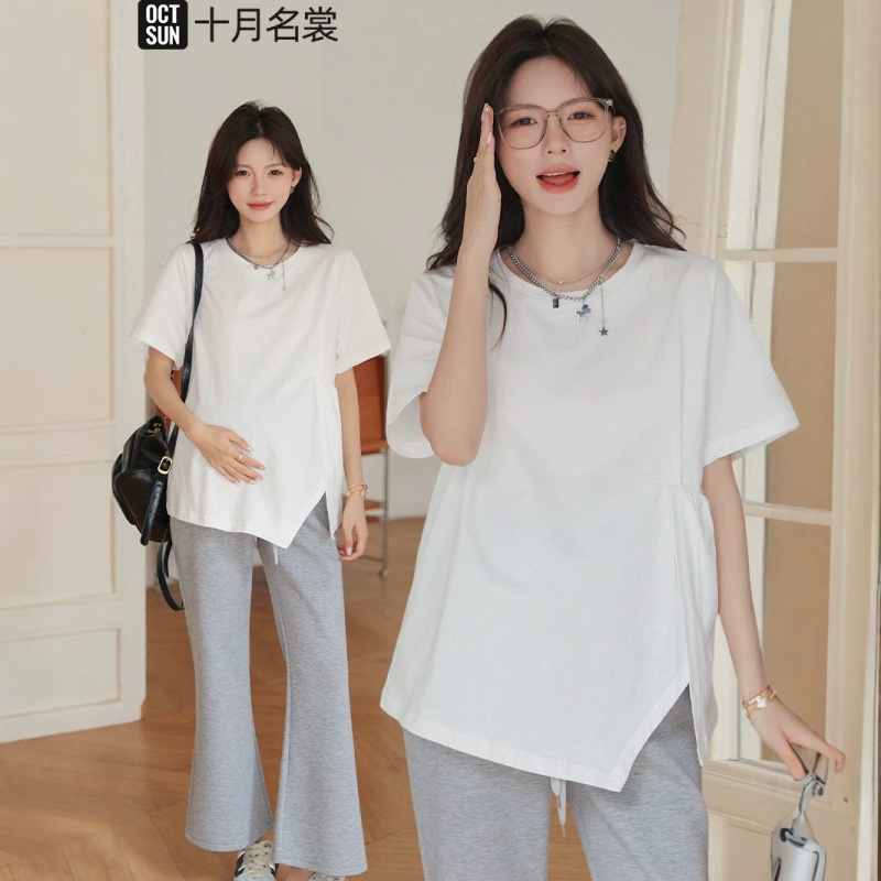 Maternity Short-Sleeved Top, Thin Pure Cotton Half-Sleeved Maternity Wear, Summer Loose T-Shirt for Women to Cover Belly, 2026 New Style Set
