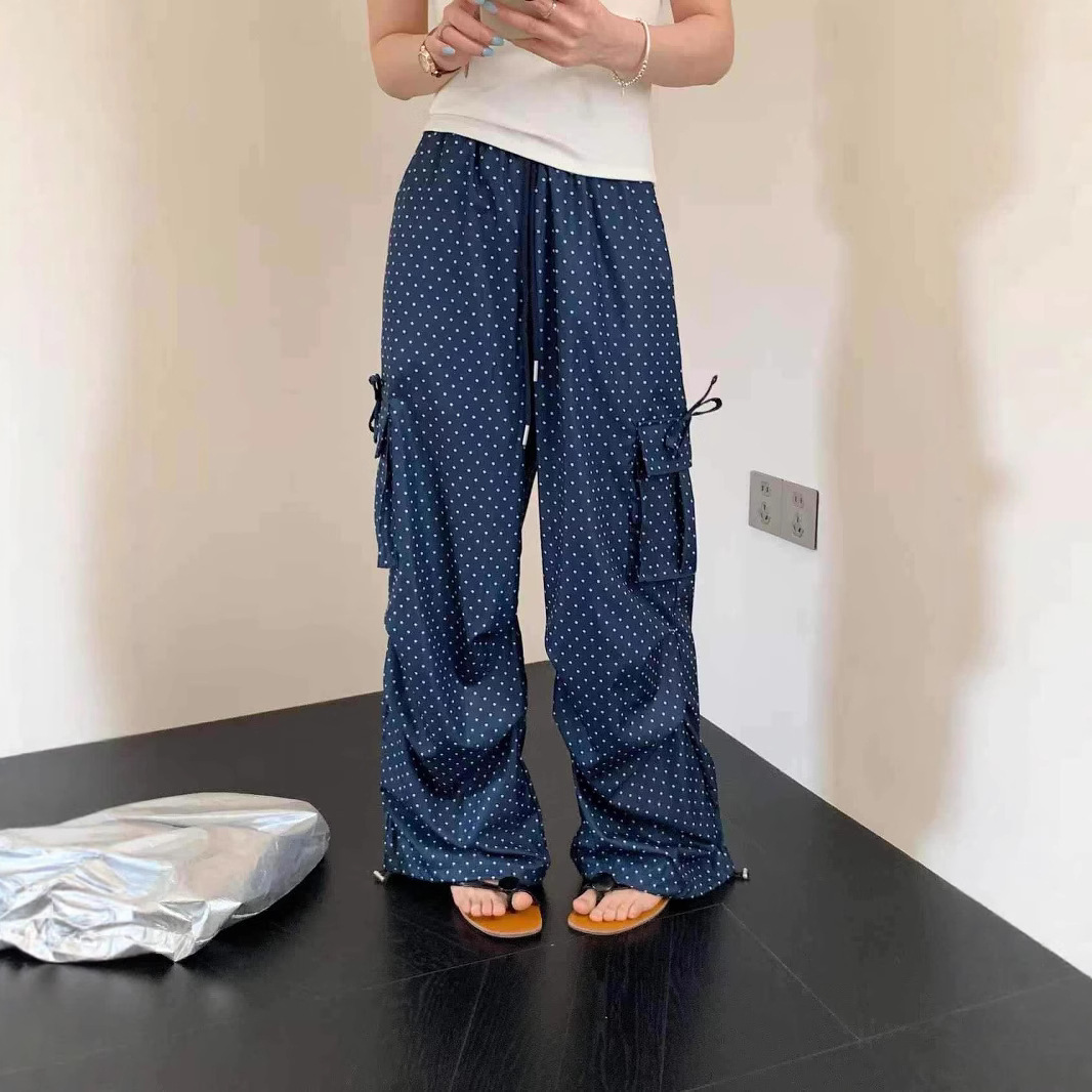 波点休闲裤垂坠感显瘦休闲工装裤女夏季薄款宽松直筒抽女长裤1125