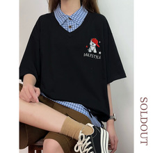 美式复古小狗刺绣假两件POLO领短袖t恤女2025夏季慵懒风宽松上衣