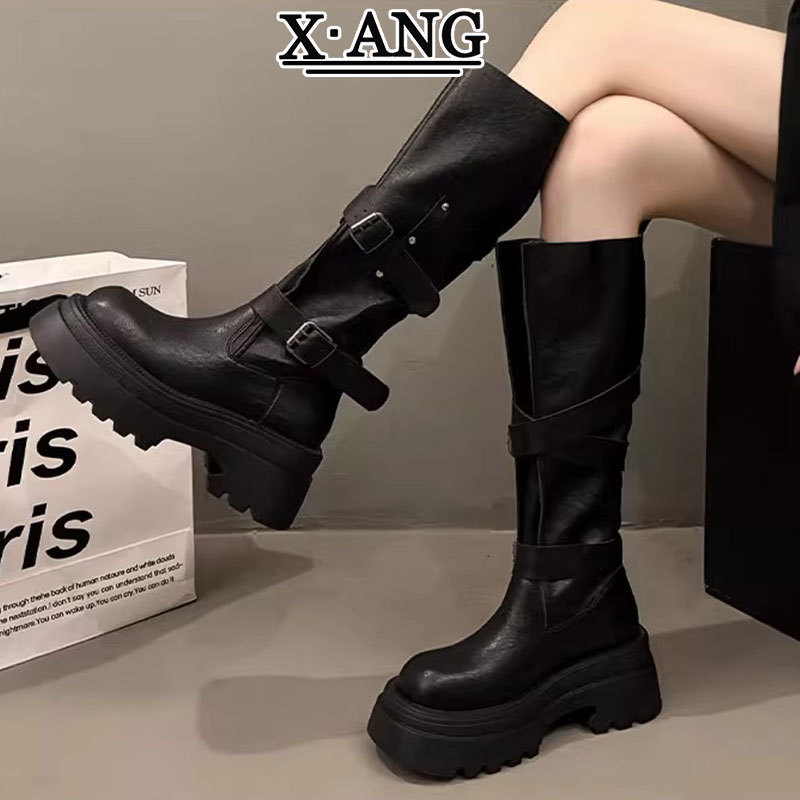 牛皮版厚底增高小个子棕色长筒靴女不过膝骑士靴高筒靴西部牛仔靴|undefined