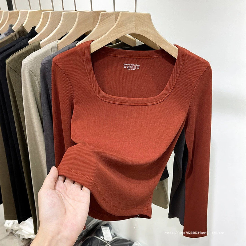 2026 Spring and Autumn New Slim Fit Long Sleeve T-Shirt Top European Style Ribbed Short Square Neck Base Shirt for Women 2026 Spring and Autumn New Slim Fit Long Sleeve T-Shirt Top European Style Ribbed Short Square Neck Base Shirt for Women